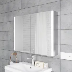 Rectangular 2 Door Touch Sensor Mirror Cabinet with 2 Shelves, Demister & Shaver Socket, 800mm - White/Chrome