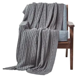 Homescapes Cotton Cable Knit Throw, Grey, 150 x 200 cm