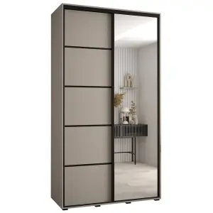 Elegant Dakota V Sliding Door Wardrobe W1400mm H2350mm D600mm with Mirrored Door in Cashmere & Black Finish