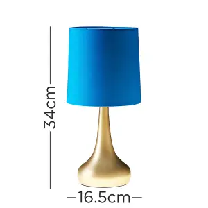 ValueLights Pair Of Modern Gold Teardrop Touch Bed Side Table Lamps With Navy Fabric Shades