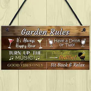 Red Ocean Garden Rules Hanging Wall Sign - Garden Bar Signs For Home Bar - Novelty Garden Decor Shed Plaques