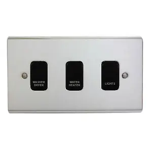 Polished Chrome Customised Kitchen Grid Switch Panel with Black Switches - 3 Gang