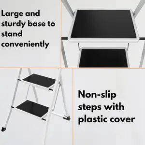 Lightweight 2 Step Ladder 32.2'' (82cm) High - White Portable Folding Ladder - Small, Compact, and Functional Steel Step Ladder