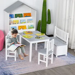 HOMCOM 4-Piece Set Kids Wood Table Chair Bench w/ Storage Function for 3 Years+