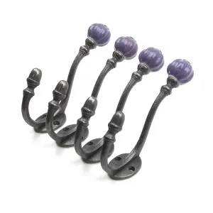 Oakcrafts - Ceramic Tipped Shabby Chic Cast Iron Coat Hook 125mm (Purple) - Pack of 4 Hooks