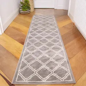 Grey Bordered Geometric Trellis Runner Rug 60x240cm