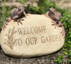 WELCOME TO OUR GARDEN sign with Frogs garden or pond ornament