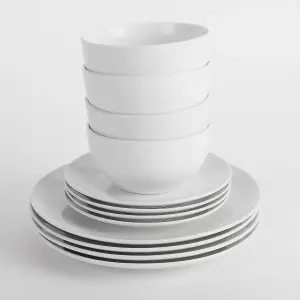 12PC Dinnerware Porcelain White Set: 4 Dinner Plates, 4 Side Plates & 4 Bowls. Dishwasher & Microwave Safe.