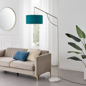 Furniturebox UK Danielle Arc Lamp with Teal Velvet Shade and a Brass and Marble Base