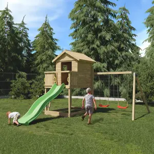 Galaxy play equipment with double swings, slide and raised playhouse