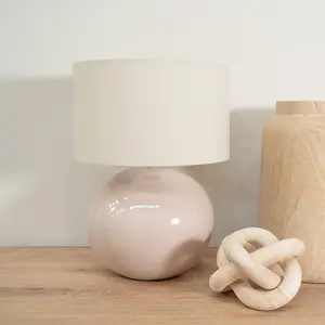 ValueLights Bosco Stone Natural Ceramic Table Lamp with Natural Drum Shade - LED Bulb Included