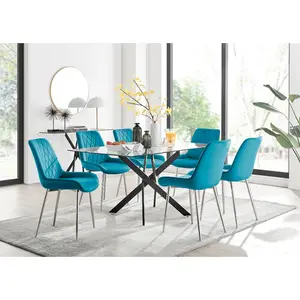 Lenworth Glass Rectangular Dining Table Set with 6 Luxury Velvet Chairs Black / Blue/Silver