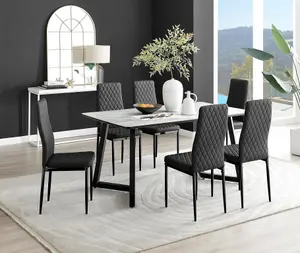 Carson 6 Seater White Marble Effect Rectangular Scratch Resistant Dining Table with 6 Black Milan Faux Leather Black Leg Chairs