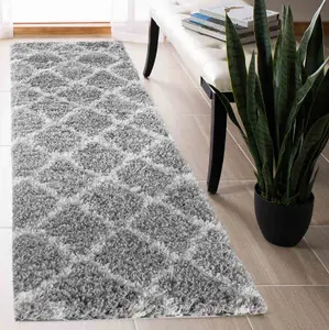 Moroccan Berber Shaggy Rugs Living Room Bold Trellis Grey 60x220 cm