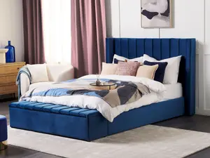 Velvet EU King Size Bed with Storage Bench Blue NOYERS