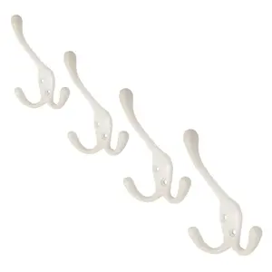 4 x Satin White Metal Triple Hat and Coat Hooks, Door Robe Dress Hangers