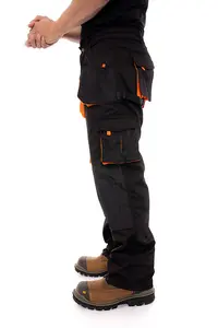 SSS Mens Work Trousers Cargo Knee Pad Pockets Workwear Pants, Black-Orange, 30in Waist-30in Leg-Small