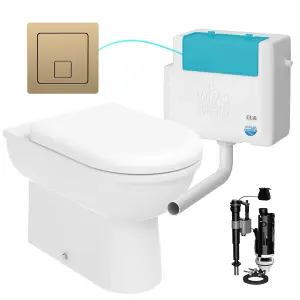 D Shape Back to Wall Toilet Pan Soft Close Seat & WRAS Concealed Cistern Set - Side Entry - Brushed Brass Square Button