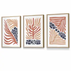 Set of 3 Framed Framed Blue and Pink Boho Abstract Floral / 30x42cm (A3) / Oak