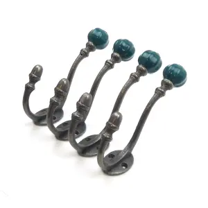 Oakcrafts - Ceramic Tipped Shabby Chic Cast Iron Coat Hook 125mm (Teal) - Pack of 4 Hooks