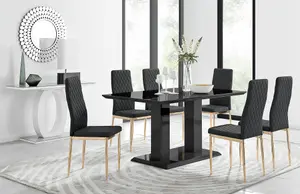 Imperia Black High Gloss 6 Seater Dining Table with Structural 2 Plinth Column Legs 6 Black Faux Leather Gold Leg Milan Chairs