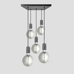 Industville Sleek Large Edison Square Cluster Lights, 5 Wire, Pewter