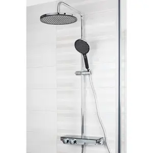 Chrome Thermostatic Rigid Riser Overhead Shower Kit with Tempered Glass Mixer Valve Shelf - Black Trim