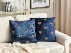 Set of 2 Cushions BLUESTEM Velvet 45 x 45 cm Animal Embroidery Navy Blue