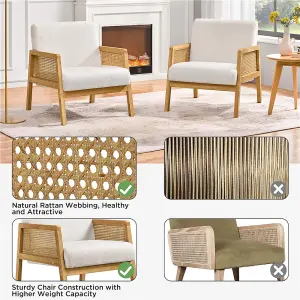 Yaheetech Ivory Boucle Upholstered Accent Chair with Rattan Sides and Rubberwood Legs