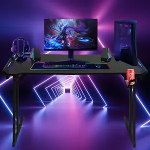 LED Computer Gaming Desk RGB with Cup Holder and Headphone Hook