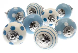 MangoTreeKnobs - Mixed Set of 8 x Light Blue and White Spots and Stripes Ceramic Cupboard Knobs (MG-739)