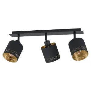 Flush Ceiling Light Colour Black Shade Black Gold Fabric Bulb E27 3x28W