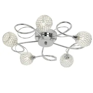 Semi Flush Ceiling Light Chrome Glass Beads 5 Bulb Hanging Pendant Lamp Shade