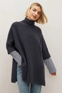 Womens Next Navy Knitted Poncho With Stripe Sleeve - Navy