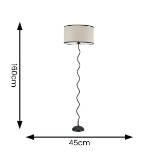 ValueLights Wiggle Black Metal Single Stem Floor Lamp with Linen Black Trim Drum Shade and LED Bulb