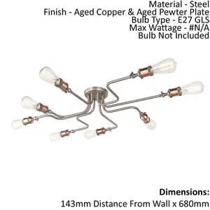 Semi Flush Ceiling Light - Aged Copper & Aged Pewter Plate - 8 x 40W E27 GLS