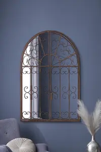 MirrorOutlet The Kirkby Dark Metal Rustic Framed Decorative Arched Wall Mirror with opening doors 89cm x 70cm