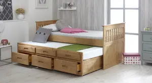 3ft Captains Pine Wooden Guest Bed Frame with underbed Storage - Waxed