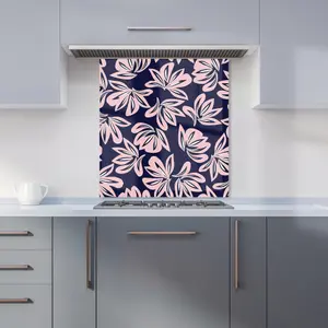 Pink Navy Floral Botanical Pattern Premium Glass Kitchen Splashback W600mm x H650mm