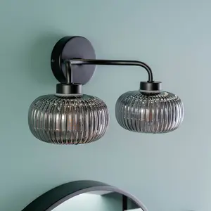 ValueLights Amaia Matt Black 2 Way Wall Light Smoked Ribbed Shades IP44 - Set of 2