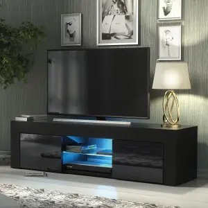 Loom TV Unit 130cm Black with High Gloss Doors and LED Lighting - Creative Furniture