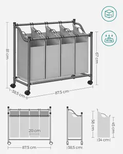 SONGMICS Laundry Hamper with Wheels, 4 Detachable Bags, Rolling Laundry Organizer for Bathroom, Bedroom, Laundry Room, Grey