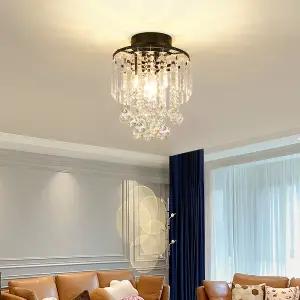 Modern Chandelier Droplet Crystal Ball Black Base Mount Ceiling Light Fixture