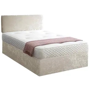 Loria Divan Bed Set with Headboard and Mattress - Chenille Fabric, Cream Color, 2 Drawers Left Side