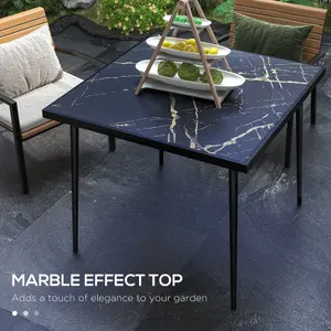 Outsunny Outdoor Dining Table for 4 with Marble Effect Tempered Glass Top Black