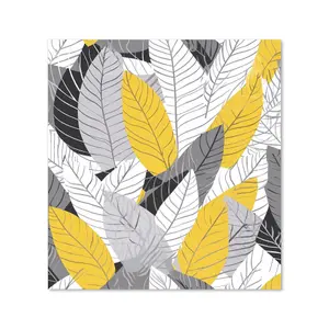 Yellow Grey Feather Leaves Premium Glass Kitchen Splashback W900mm x H650mm