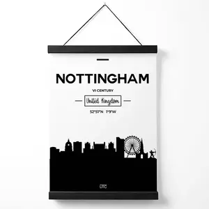 Nottingham Black and White City Skyline Medium Poster with Black Hanger