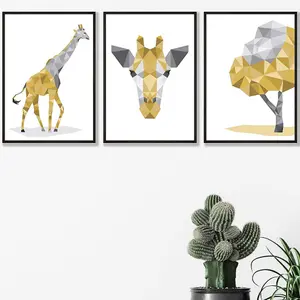 Set of 3 Geometric Yellow Grey Giraffe Set Wall Art Prints / 42x59cm (A2) / Black Frame