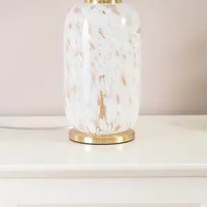 ValueLights India Gold Metal and White Confetti Glass Table Lamp with Natural Drum Lampshade - LED Bulb Included