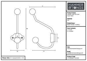 Hammer & Tongs - Ceramic Ball Hat & Coat Hook - W50mm x H180mm - Black